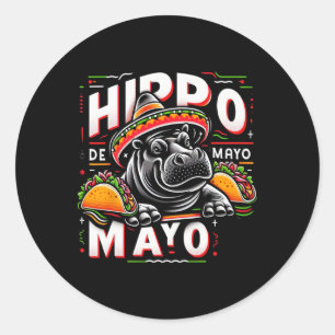 Pegatina Redonda Hippo Cinco De Mayo Divertido México Hipopótamo Di