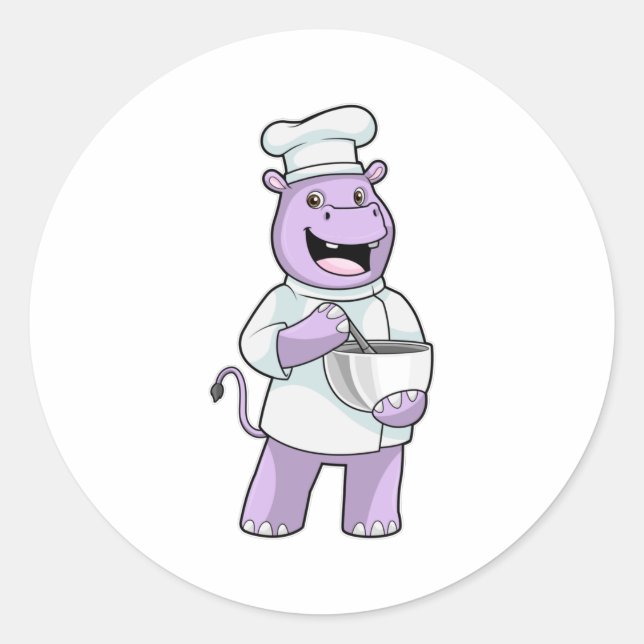 Pegatina Redonda Hippo como chef con Bowl (Anverso)