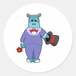 Pegatina Redonda Hippo como Groom con traje y Rosa