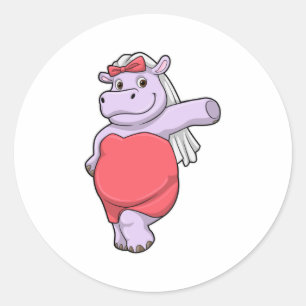 Pegatina Redonda Hippo como novia con velo y reverencia