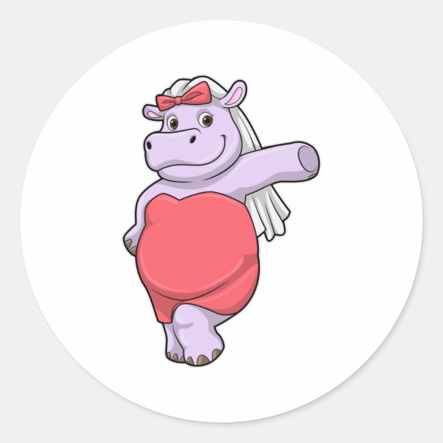 Pegatina Redonda Hippo como novia con velo y reverencia (Anverso)