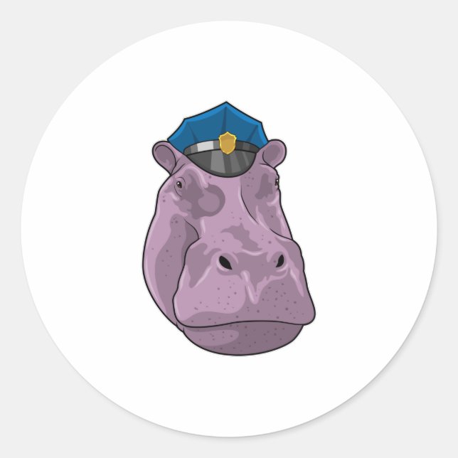 Pegatina Redonda Hippo como oficial de policía (Anverso)