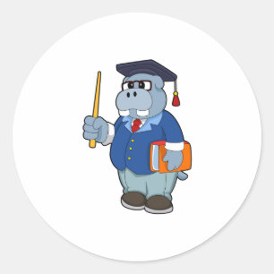 Pegatina Redonda Hippo como profesor con libro