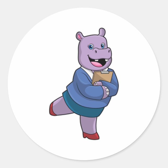 Pegatina Redonda Hippo como secretario con Notepad (Anverso)