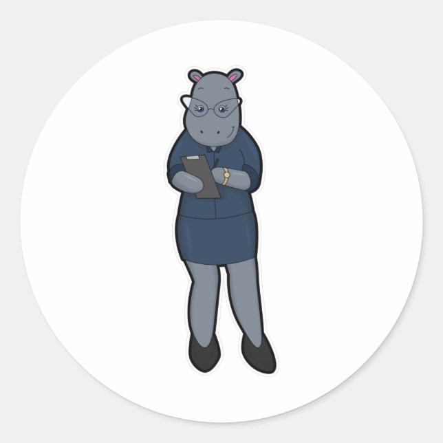 Pegatina Redonda Hippo como secretario con Notepad & Pen (Anverso)