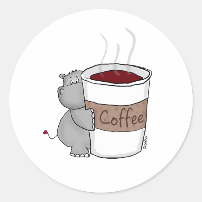 Pegatina Redonda Hippo con café (Anverso)