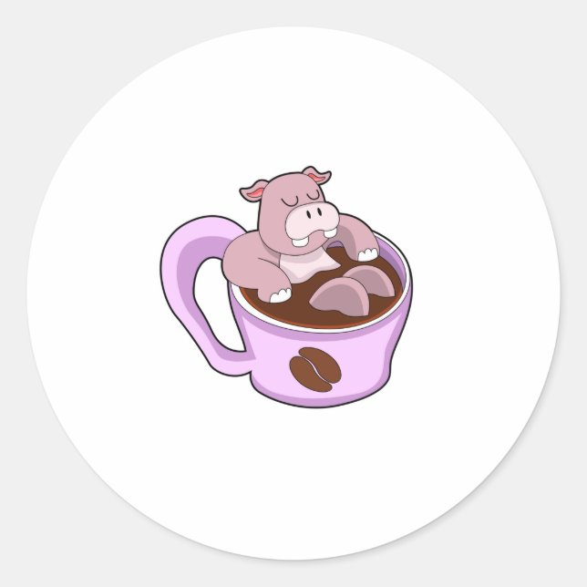Pegatina Redonda Hippo con Copa de Café (Anverso)