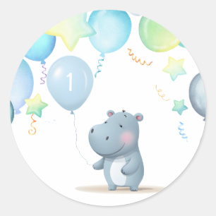 Pegatina Redonda Hippo Cumpleaños azul suave