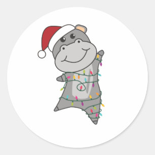 Pegatina Redonda Hippo Feliz Navidad Animales de Invierno Hippos