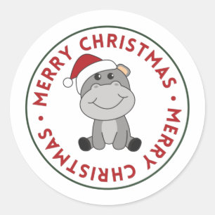 Pegatina Redonda Hippo Feliz Navidad Animales de Invierno Hippos Cl