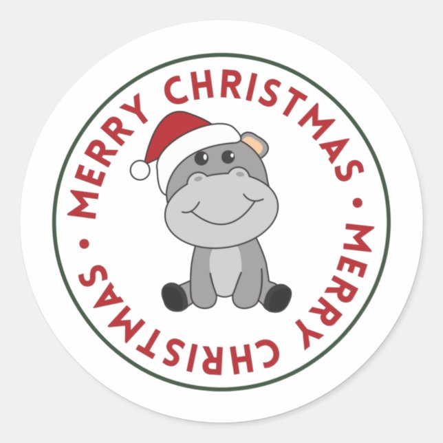 Pegatina Redonda Hippo Feliz Navidad Animales de Invierno Hippos Cl (Anverso)