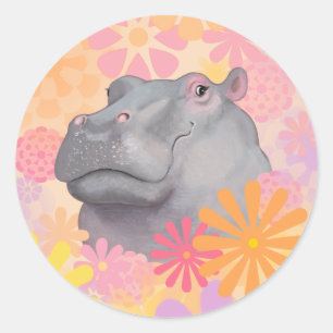 Pegatina Redonda Hippo lindo con flores