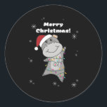 Pegatina Redonda Hippo Merry Christmas Winter Animals Hippos<br><div class="desc">The hippo to softness with fair lights. Funny animals with gifts and snow to the holidays. Also funny for Christmas in July. Hippos are sweet animals and perfect for Christmas.</div>