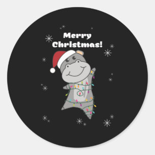 Pegatina Redonda Hippo Merry Christmas Winter Animals Hippos