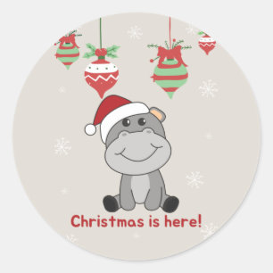 Pegatina Redonda Hippo Merry Christmas Winter Animals Hippos Classi
