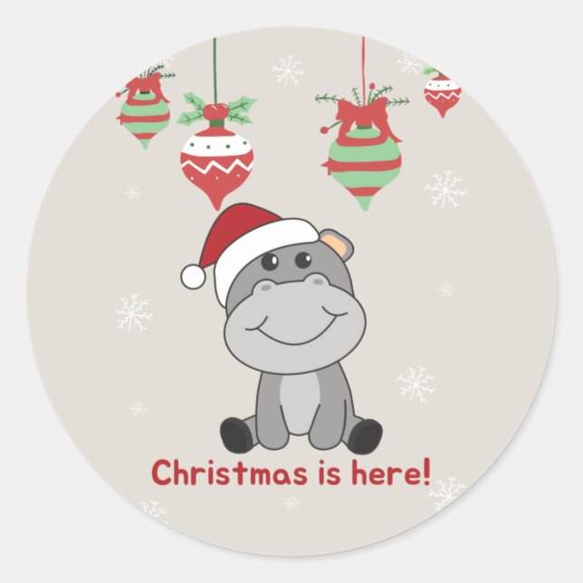 Pegatina Redonda Hippo Merry Christmas Winter Animals Hippos Classi (Anverso)