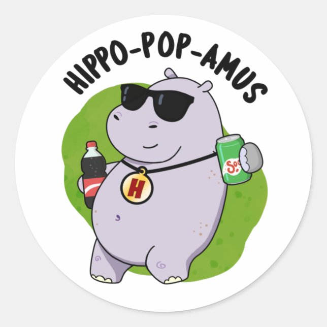 Pegatina Redonda Hippo-pop-amus Funny Hippo Soda Pop Pun (Anverso)