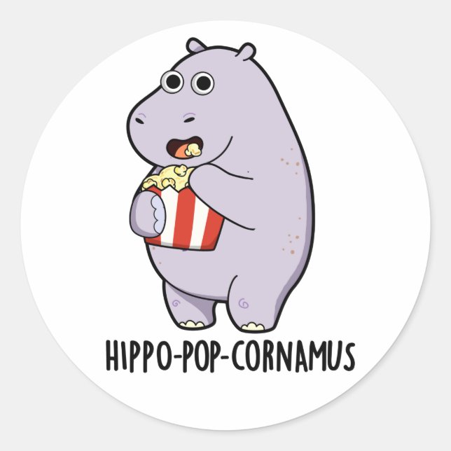 Pegatina Redonda Hippo-pop-cornamus Funny Hippo Pun (Anverso)