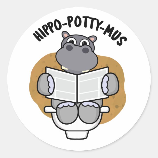 Pegatina Redonda Hippo-potty-mus Gracioso Animal Hippo Pun (Anverso)