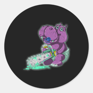 Pegatina Redonda Hippo Scary Vaporwave Animal Chainsaw Hippo