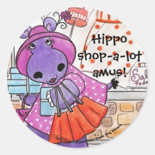 Pegatina Redonda Hippo Shopping-Hippo shop-a-lot amus!