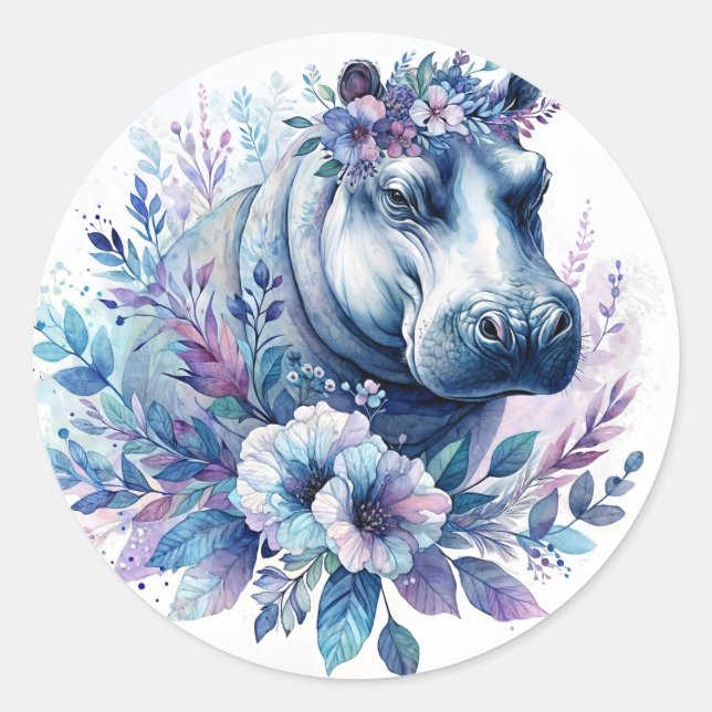 Pegatina Redonda Hippo Watercolor Floral (Anverso)
