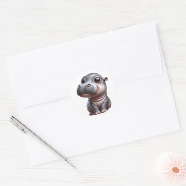 Pegatina Redonda Hippo Whimsy Adorable Personalizado Hippo (Sobre)