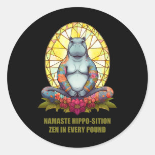 Pegatina Redonda Hippo Yoga En Postura De Meditación, Zen Pacífico