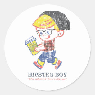 Pegatina Redonda Hipster Boy mal angustiado ilustracion de parodia