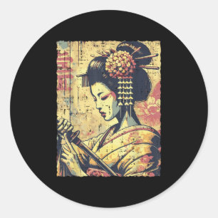 Pegatina Redonda Hipster japonés Geisha Katana Vintage mujeres Chic