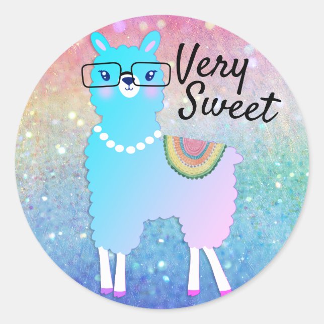 Pegatina Redonda Hipster Llama Purpurina arcoiris Ombre (Anverso)