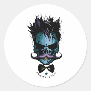 Pegatina Redonda Hipster Skull Mustache Skull Hairstyle Bow Tie Mus