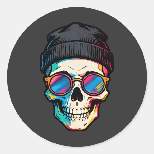 Pegatina Redonda Hipster Skully (Anverso)