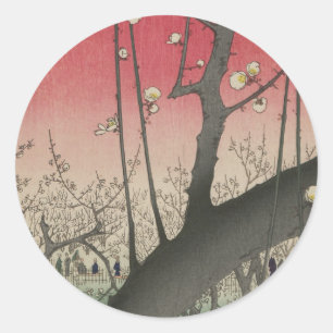 Pegatina Redonda Hiroshige Finca de ciruelos Kameido: Japonés vinta