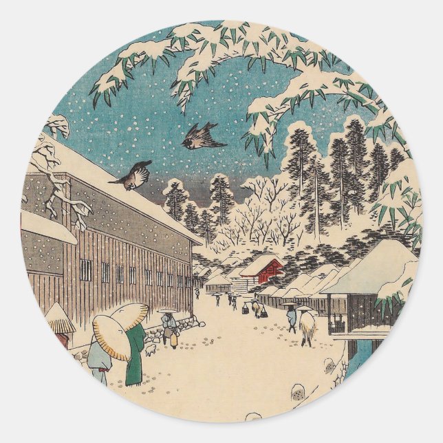 Pegatina Redonda Hiroshige paisaje invernal de japón (Anverso)