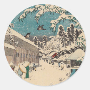 Pegatina Redonda Hiroshige paisaje invernal de japón