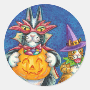 PEGATINA REDONDA HISS N' FITZ GATOS, TRICK O TREAT FUNNY HALLOWEEN