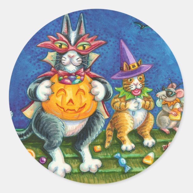 PEGATINA REDONDA HISS N' FITZ GATOS, TRICK O TREAT FUNNY HALLOWEEN (Anverso)