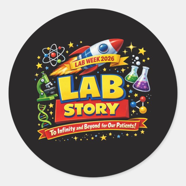 Pegatina Redonda HISTORIA DE LABORATORIO – Póster Científico Semana (Anverso)