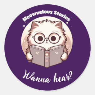 Pegatina Redonda Historias Meowvelous Lectura Lindo Gato
