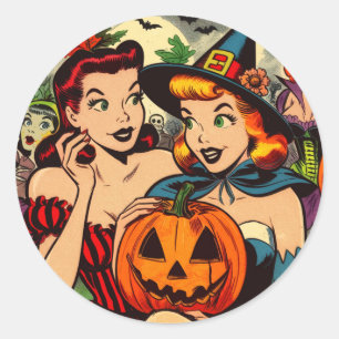 Pegatina Redonda Historietas de Chicas de Halloween de época