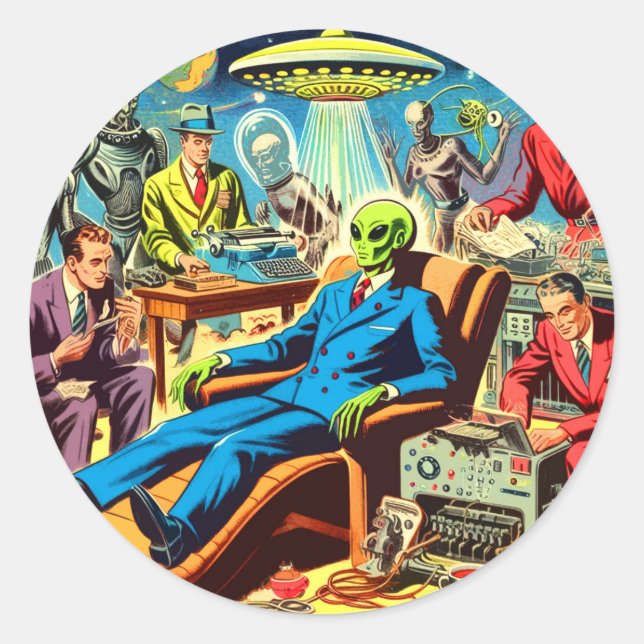 Pegatina Redonda Historietas Retro De Ufo Alien Sci-fi (Anverso)