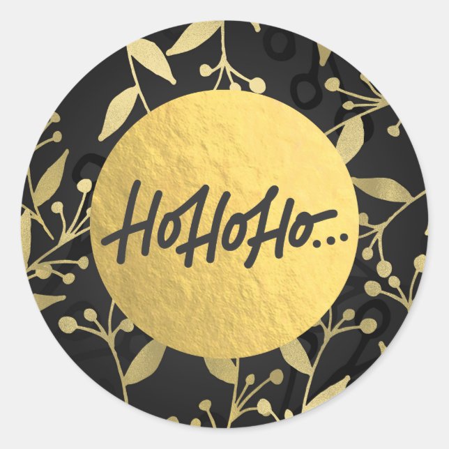 Pegatina Redonda HO HO HO Navidad Botánica Hoja de Oro (Anverso)