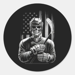Pegatina Redonda Hockey Esqueleto Americano Bandera Usa Halloween H