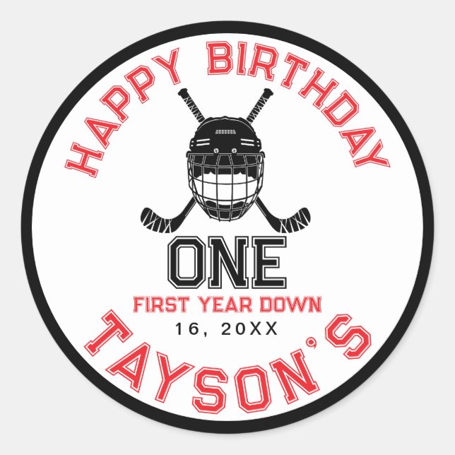Pegatina Redonda Hockey First Year Down 1st birthday  (Anverso)