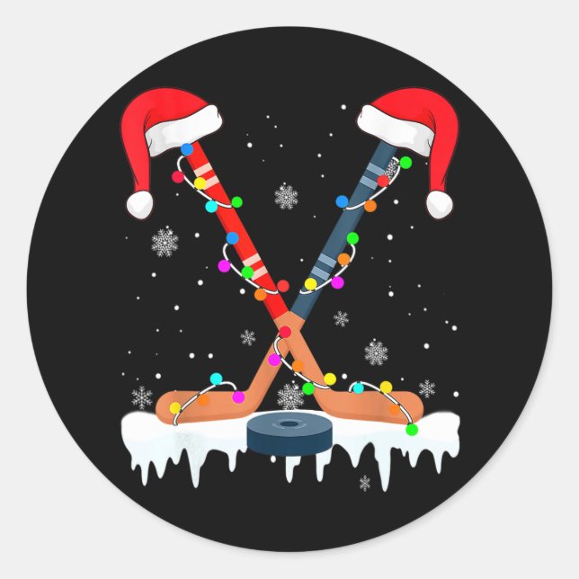 Pegatina Redonda Hockey Santa Hat Navidades enciende divertidos chi (Anverso)