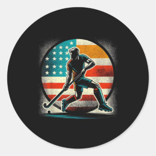 Pegatina Redonda Hockey sobre hierba hombre bandera de Estados Unid
