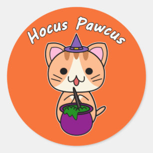 Pegatina Redonda Hocus Pawcus - Gato Atigrado Rojizo - Escritura Bl