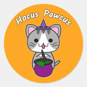 Pegatina Redonda Hocus Pawcus - Gato Tabby Gris - Escritura Blanca