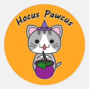 Pegatina Redonda Hocus Pawcus - Gato Tabby Gris - Escritura Negra